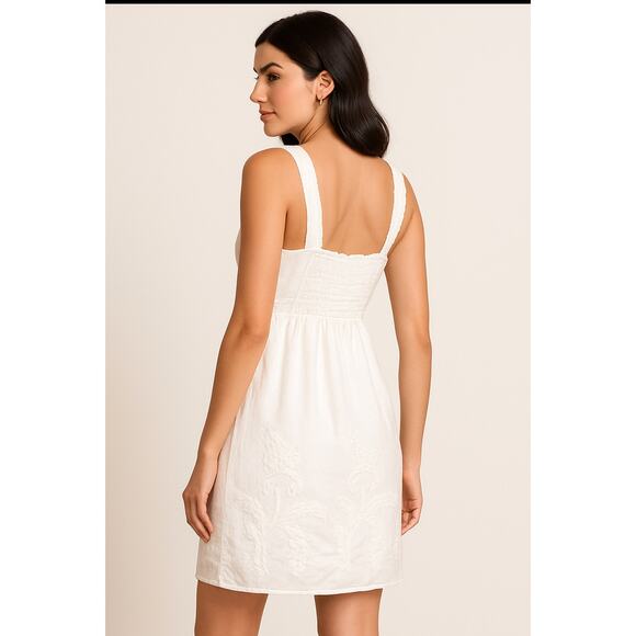 M.S.S.P White Embroidered Boho Sundress XS Cotton Smocked Back Summer Resort - Picture 4 of 6